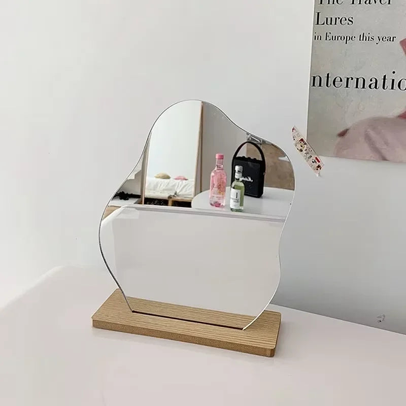 Decorative Mirror, Acrylic Wooden Base, Minimalist Irregular Makeup Mirror, Bedroom Vanity Mirror, Beauty Cosmetics