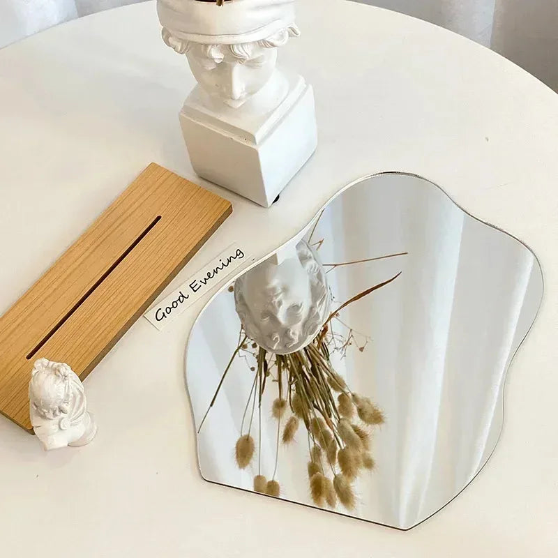 Decorative Mirror, Acrylic Wooden Base, Minimalist Irregular Makeup Mirror, Bedroom Vanity Mirror, Beauty Cosmetics